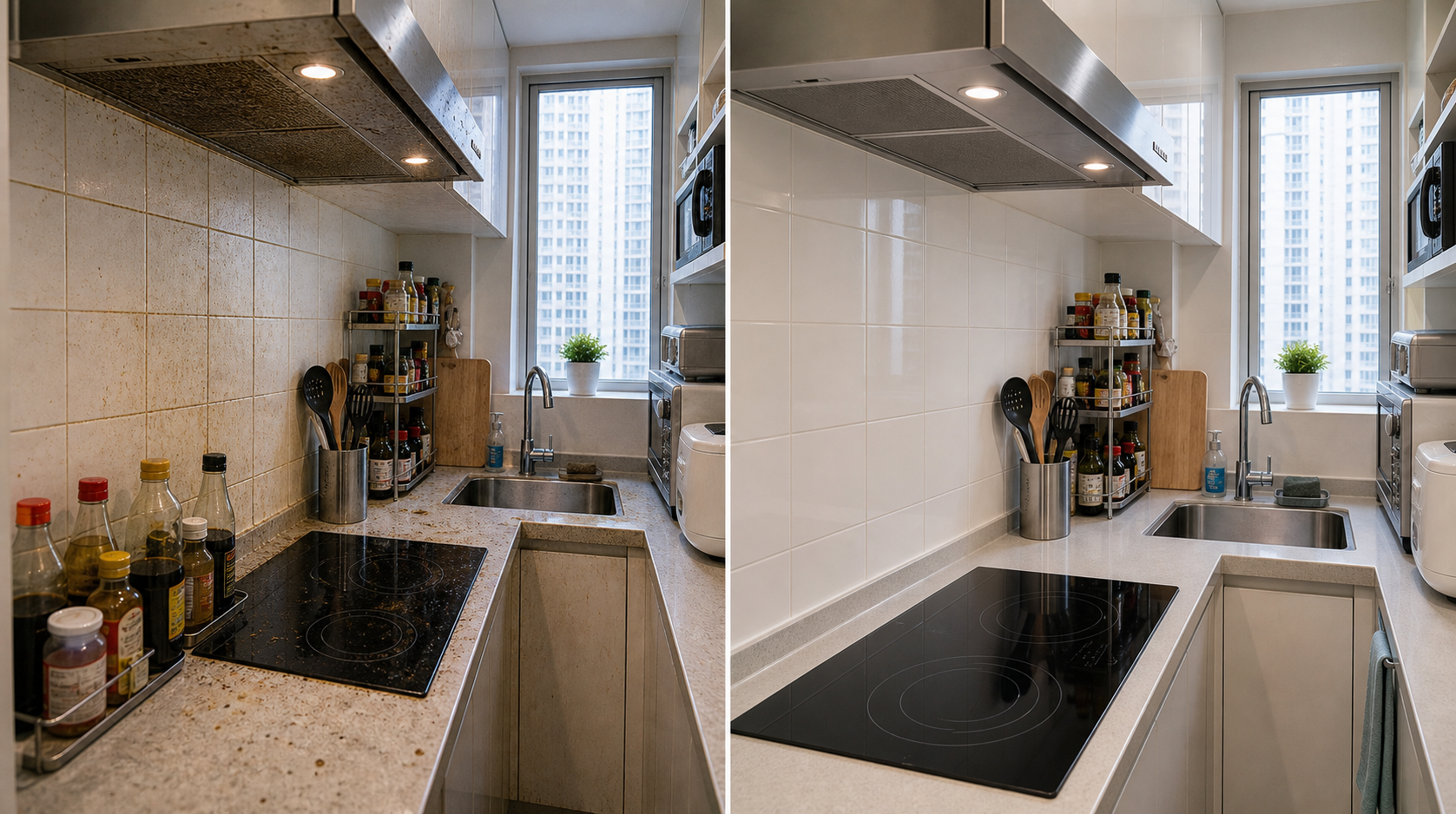 Before and after view of a cleaned Hong Kong kitchen